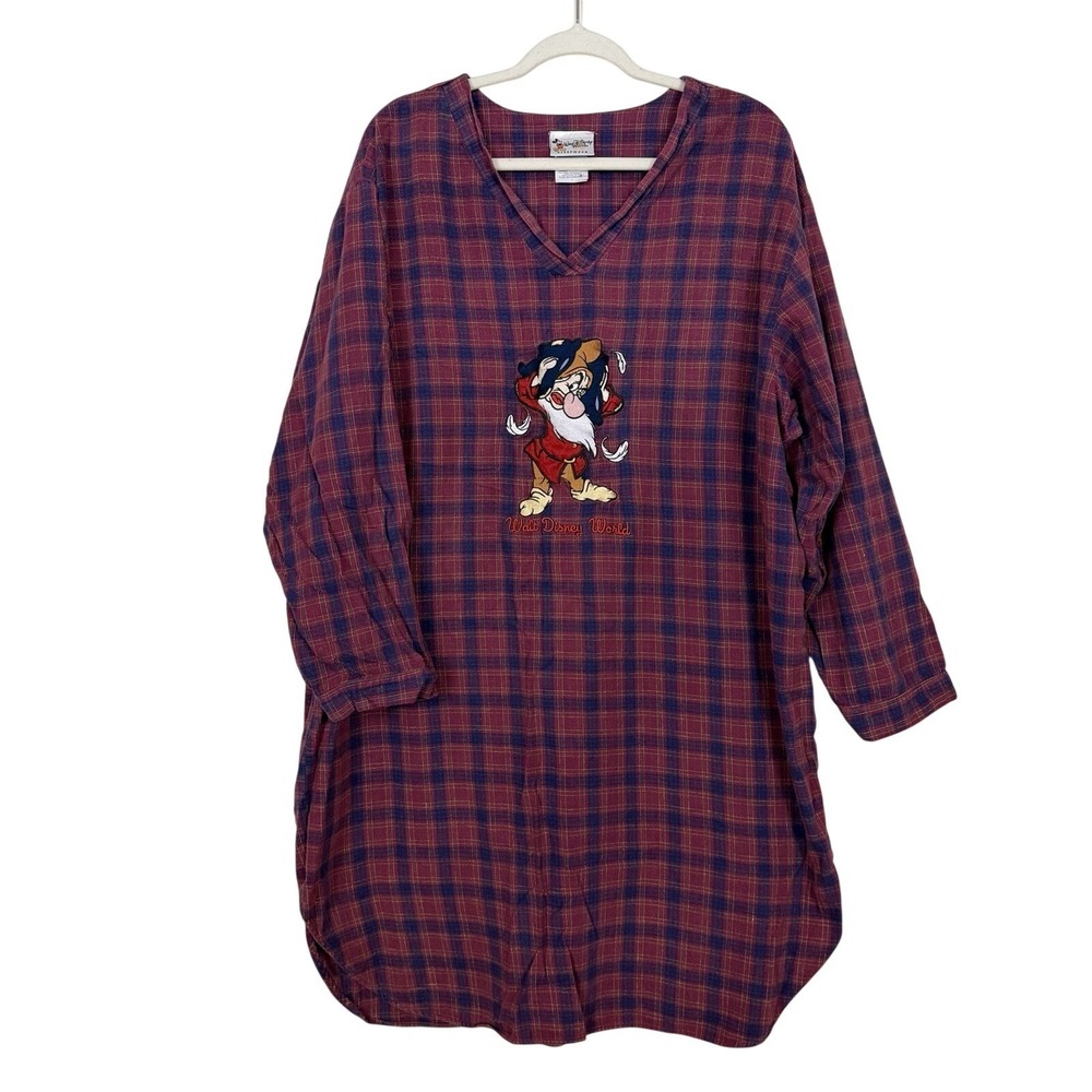 Vtg 90s Walt Disney World Grumpy Dwarf Snow White Plaid Flannel Nightgown Sz XXL